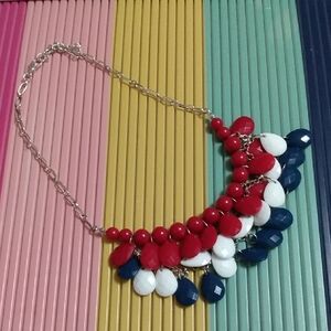 Vtg Red White Blue Statement Necklace On Silver Chain Cottagecore
